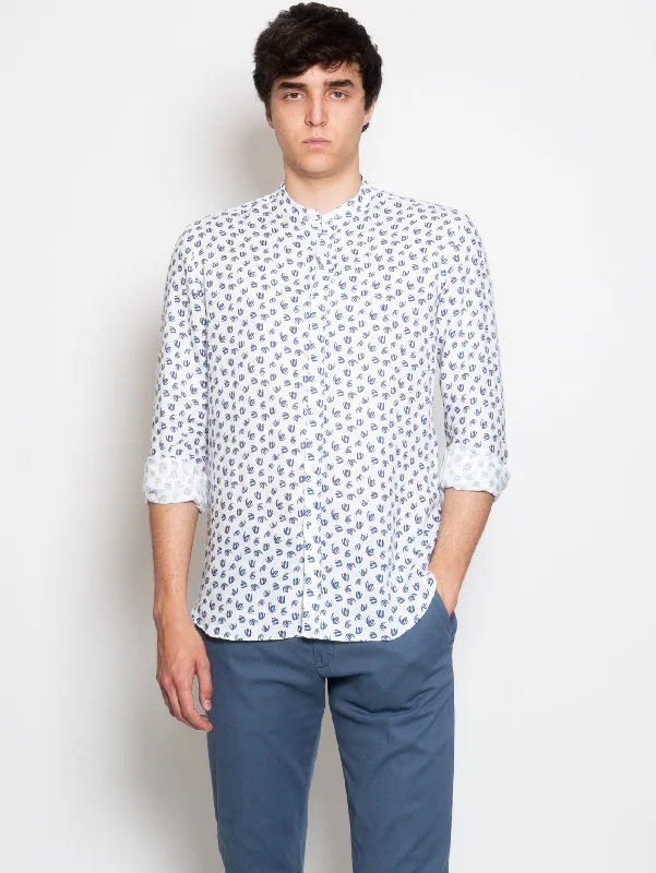 Cozy Outfit Camicia Coreana  in Lino Stampato Blu